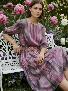 Hand Dyed Vintage Sheer Casual Midi Dress Purple, Fuschia & Black Unique OOAK